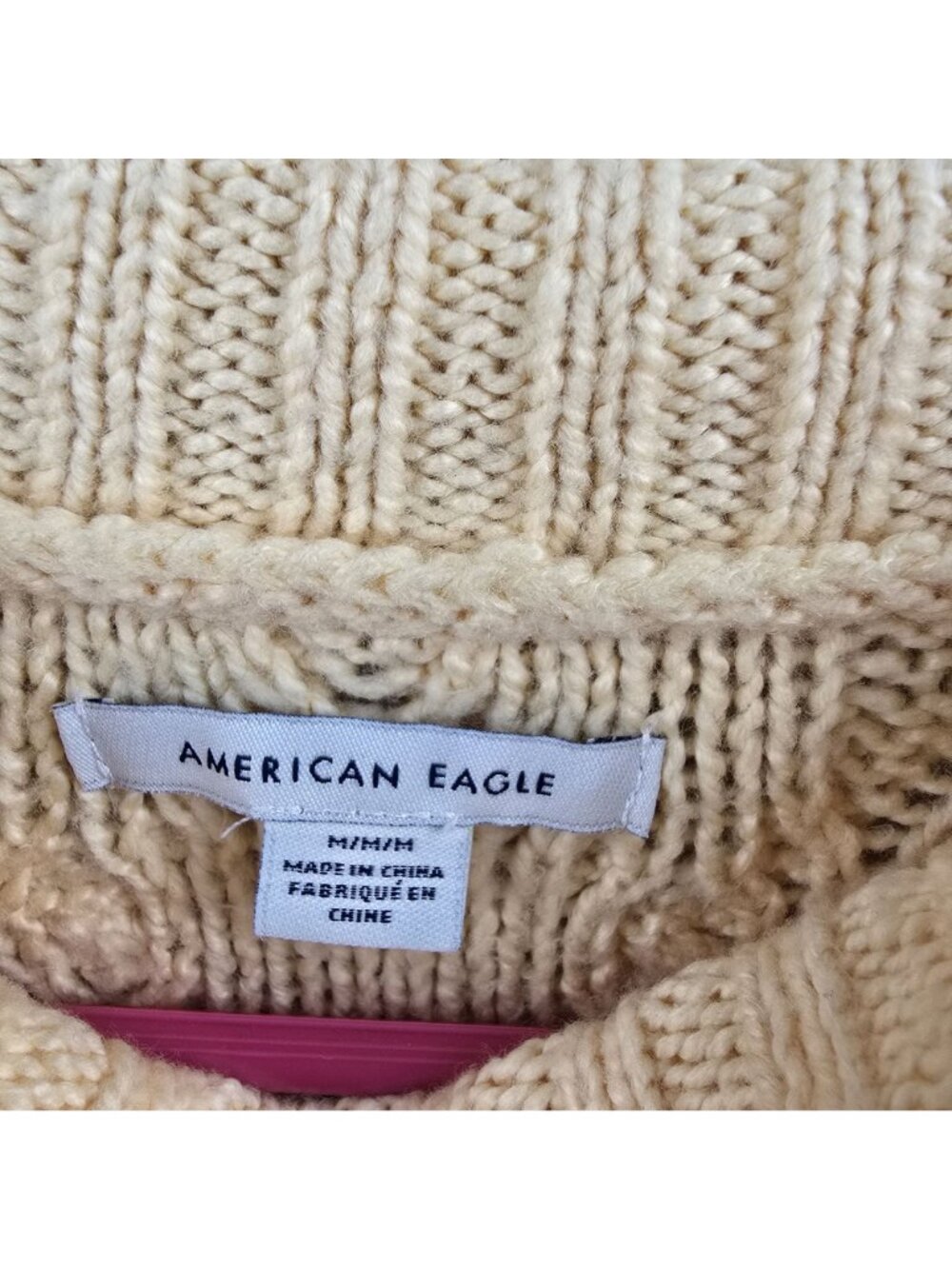 American Eagle Womens Cable Knit Cream Sweater M Cotton Blend Diamond Pattern - Picture 3 of 6